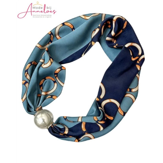Dames Halssjaal Blauwe cirkels print korte sjaal met parel 543 Dames Halssjaal Blauwe cirkels print korte sjaal met parel 543